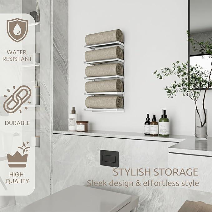 Modern Tiered Towel Rack - Wall-Mounted Metal Towel Shelf for Bathroom, Space-Saving Storage for Towels, Organizers, and Home Decor (Satin Nickel, 5-Tier) - ModernBath