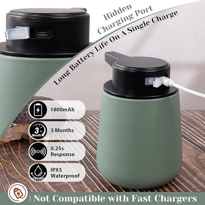 INGOFIN Automatic Ceramic Bathroom Accessory Set - 3 Pcs Auto Liquid Soap Dispenser Touchless, Toothbrush Holder & Tray, Smart Electric Bathroom Counter Set for Home, Guest Room, or Office, Green - ModernBath