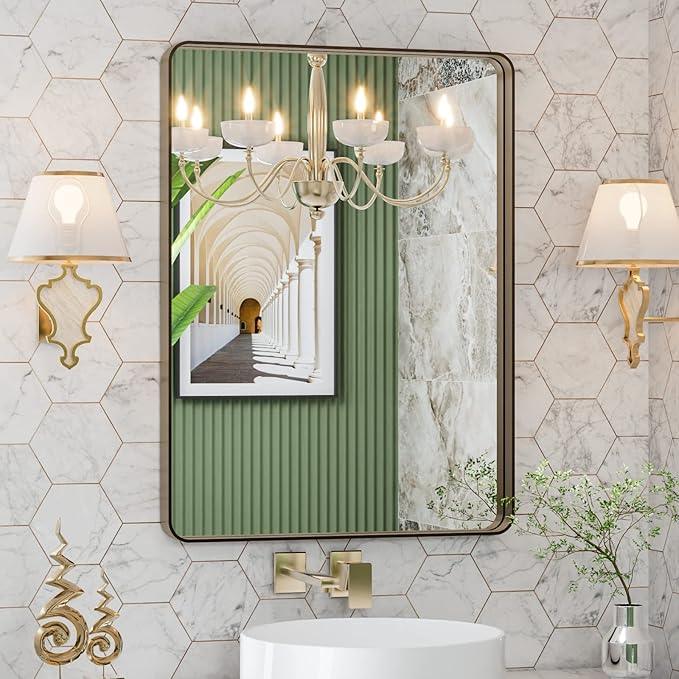 LOAAO 22”X30” Bronze Bathroom Mirrors for Vanity, Rounded Rectangle Brushed Bronze Metal Frame Mirror, Anti-Rust, Hangs Horizontally or Vertically - ModernBath