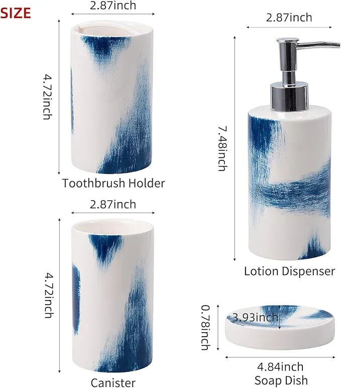 4 Piece Painted Ceramic Bathroom Accessory Set, Includes Soap Dispenser Pump, Toothbrush Holder, Tumbler, Soap Dish Sanitary, Ideas Home Gift for Ware Home Decor Bath(Blue & White) - ModernBath