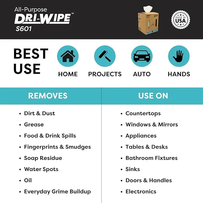 Dri-Wipe S601 by SMPLY Brands – All-Purpose Disposable Cleaning Wipes, 252 Wipes, Strong Alternative to Shop Towels & Paper Towels, 10" x 15" Center-Pull Sheets - ModernBath