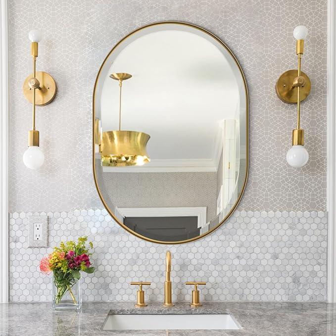 POZINO Oval Mirror Over Sink, Brushed Gold Beveled Bathroom Mirror, 22"x30" Vanity Wall Mirrors with Stainless Steel Frame, Brass Modern Rounded Mirrors for Bedroom Living Room Entryway - ModernBath