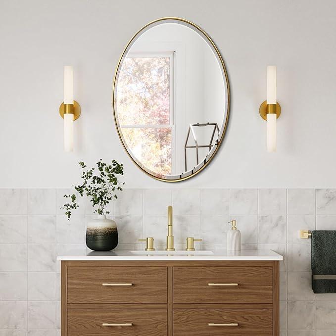 POZINO Brush Oval Vanity Mirror, 20"x28" Gold Mirror for Over Sink, Modern Rounded Mirrors with Stainless Steel Frame, Brass Beveled Mirrors for Bathroom Bedroom Living Room, Horizontal Or Vertical - ModernBath