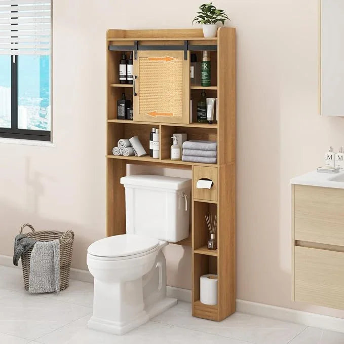 Over The Toilet Storage Cabinet, Farmhouse Rattan Storage Cabinet Over Toilet with Sliding Doors & Toilet Paper Holder Stand, Home Space-Saving Toilet Rack, for Bathroom, Laundry(Rattan Oak). - ModernBath