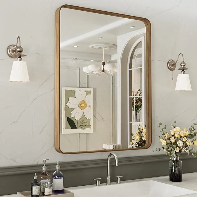 LOAAO 30X36 Inch Bathroom Mirror with Wood Grain Colored Metal Frame, Rounded Rectangle Metal Framed Bathroom Mirror, Anti-Rust, Hangs Horizontally or Vertically, Tempered Glass - ModernBath