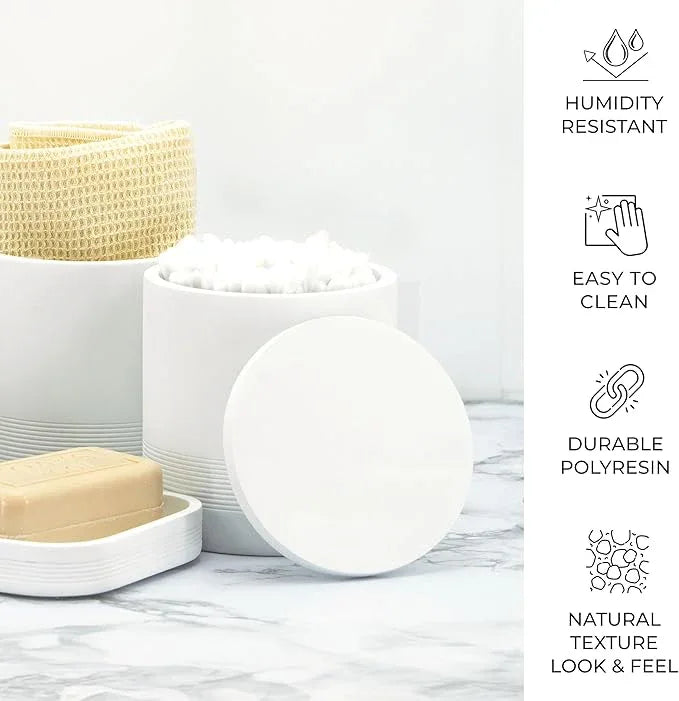 ZCCZ White Bathroom Accessories Set 6 Pieces - Toothbrush Holder, Lotion Dispenser, Qtip Container, Vanity Tray, Tumbler - Countertop Organizer for Bathrooms - Elegant and Functional Décor Set - ModernBath