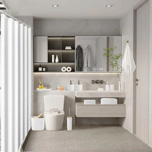XLHOMO White Bathroom Set, White Bathroom Accessories Set with Shower Curtain, Bath Towel Set, Trash Can, 2PCS Soap Dispensers, Soap Dish, Toothbrush Holder and Cup,Toilet Brush for Bathroom Decor - ModernBath