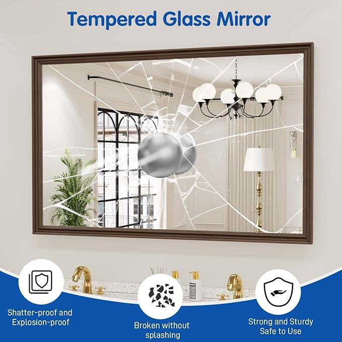 WEER Retro Copper Bathroom Mirror, 48x30 Inch Bronze Oil Rubbed Framed Mirror, Rectangle Classic Vintage Framed Wall Mirror, Farmhouse Vanity Mirror, Tempered Glass, Vertically or Horizontally - ModernBath