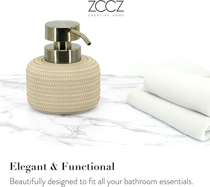 ZCCZ Beige Bathroom Accessories Set 4 Pcs - Toothbrush Holder, Soap Dispenser, Vanity Tray, Tumbler - Countertop Organizer for Bathroom Decor - Stylish and Functional Accessory Set for Home - ModernBath