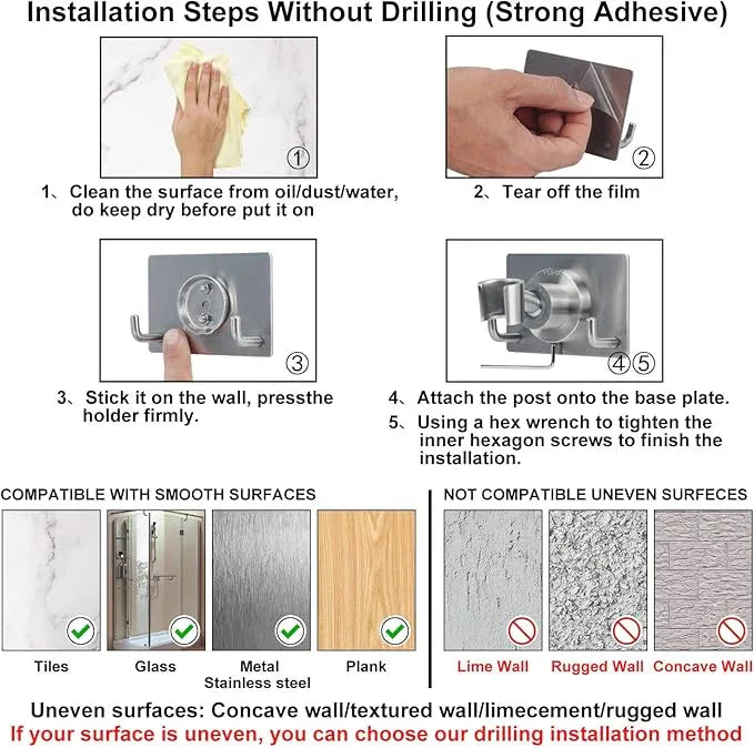 Shower Head Holder All Metal Strong Adhesive and Drilling Screws Two Installation Methods, Adjustable Handheld Shower Head Mount,Stainless Steel Hand held Showerhead Wand Bracket - ModernBath