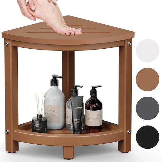 ONSGLM Shower Stool for Inside Shower, Corner Shower Bench Seat, HDPE Waterproof Shower Stool for Shaving Legs with Baffle Storage Shelf, Shower Seat/Foot Rest for Bathroom, Indoor/Outdoor Use, Teak - ModernBath
