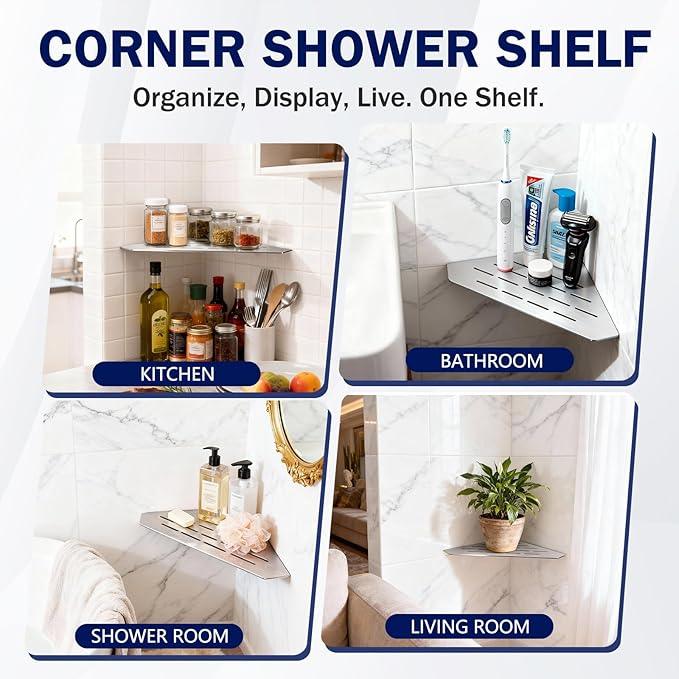 10" Corner Shower Shelf 2 Pcs Brushed 304 Stainless Steel Diamond Heavy Duty Floating Corner Shelves Slot Design Recessed Bathroom Shower Shelf for 90° Tiled Wall, No Drilling Needed - ModernBath