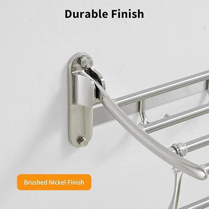 BESy 24 Inch Brushed Nickel Towel Racks, Bathroom Towel Shelf with Foldable Towel Bar Holder and Towel Hooks, Wall Mounted Multifunctional Bathroom Accessories, Double Towel Bars - ModernBath