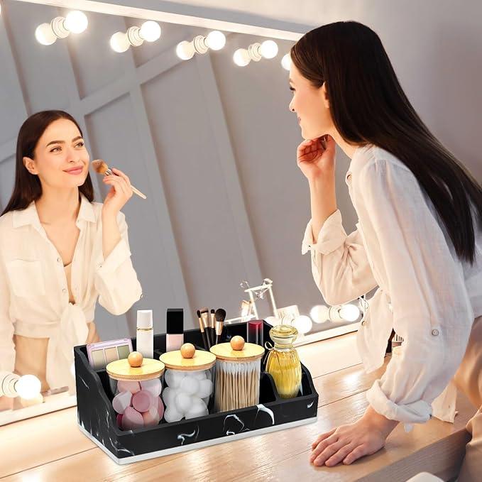 Bathroom Counter Organizer, Black Marble Toothbrush Holders for Bathrooms Organizer Countertop with 3PCS Qtip Holder, Toothbrush and Toothpaste Holder for Bathroom Organization Storage Vanity - ModernBath