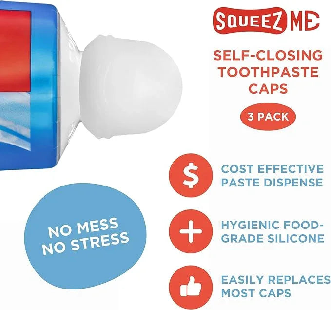 Chrome Cherry SqueezMe Self-Closing Toothpaste Caps, Silicone Lid for Kids & Adults, No Mess Toothpaste Dispenser, Self-Standing Easy Squeezer Cap, Bathroom Accessory, Clear, Pack of 3 - ModernBath