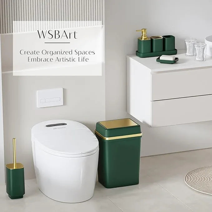 9PCS Bathroom Accessory Set, Dark Green Bathroom Set with Large-Capacity 4 Gallon Trash Can, Bathroom Accessories Set Complete, Toothbrush Holder, Soap Dispenser, Toilet Brush, Bathroom Decor - ModernBath