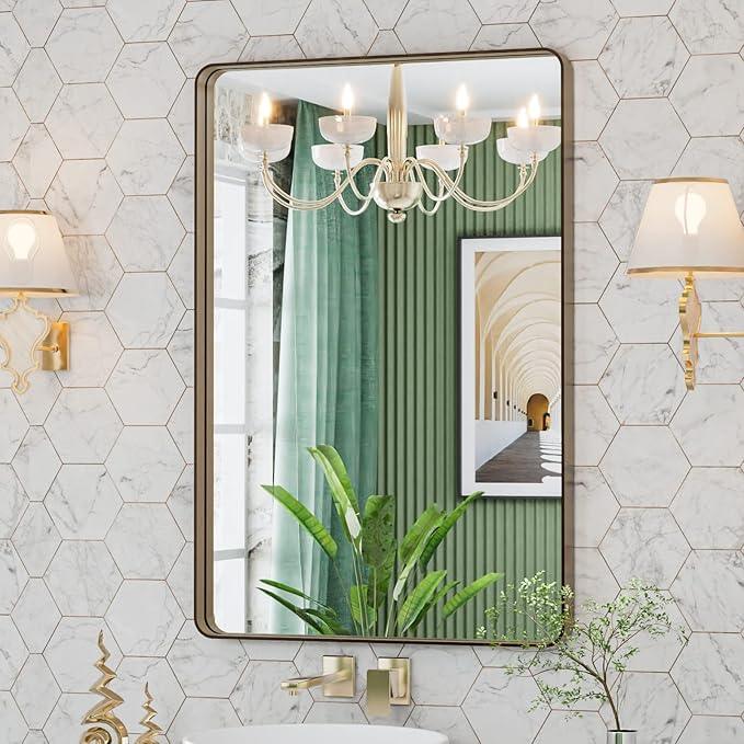 LOAAO 24”X32” Bronze Bathroom Mirrors for Vanity, Rounded Rectangle Brushed Bronze Metal Frame Mirror, Anti-Rust, Hangs Horizontally or Vertically - ModernBath