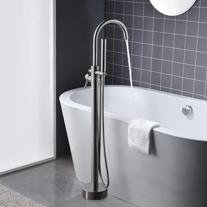 Freestanding Tub Filler Bathtub Faucet Brushed Nickel Floor Mount Single Handle Brass Faucets with Hand Shower - ModernBath