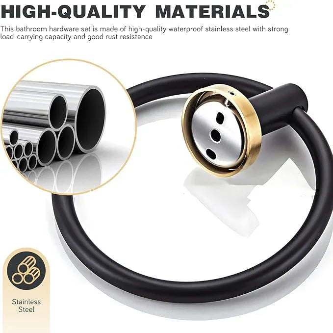 Bathroom Hardware Set 4 Piece Black&Gold Wall Mounted Stainless Steel Hardware Towel Bar Set Gold Bathroom Accessories Towel Rack Set Kit Includes Hand Towel Ring, Toilet Paper Holder, 2 Robe Hook - ModernBath