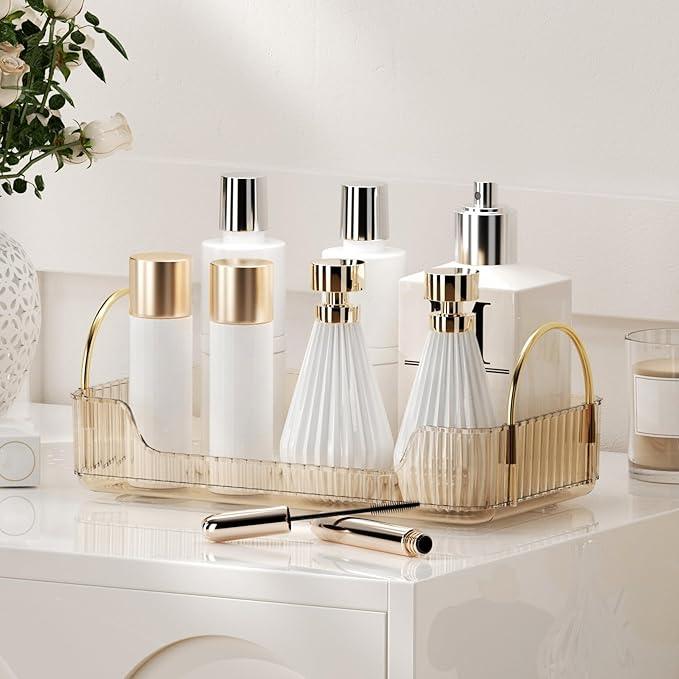 YCIA&DONE Bathroom Organizer Countertop, Makeup Storage, Skincare Cosmetic Tray Shelf, Perfume Holder Rack for Vanity Counter, Large Capacity, Easy to Install, Clean, 1 Tier, Amber Gold - ModernBath