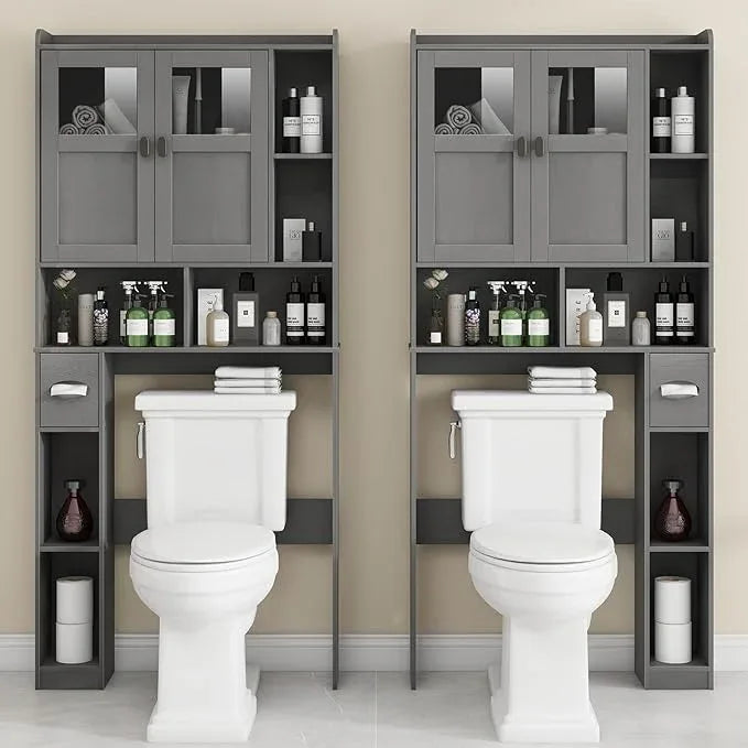 Vabches Over The Toilet Storage Cabinet, Bathroom Shelf Over Toilet with Glass Doors and Adjustable Shelves, Natural Grey Freestanding Home Space Save Toilet Rack, for Restroom, Bathroom, Laundry - ModernBath