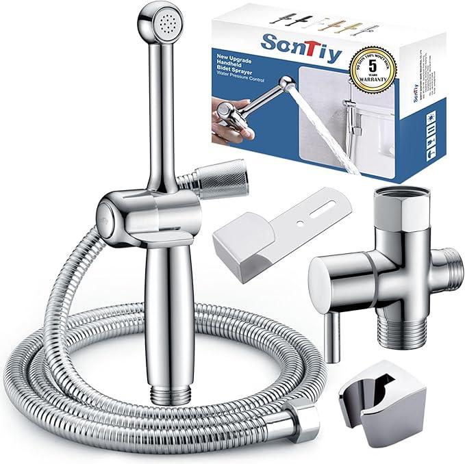 SonTiy Handheld Bidet Sprayer for Toilet, Adjustable Water Pressure Control Cloth Diaper Sprayer with Bidet Hose, Brass Hand Held Bidet Attachment Jet Spray for Toilet with Backflow Preventer, Chrome - ModernBath