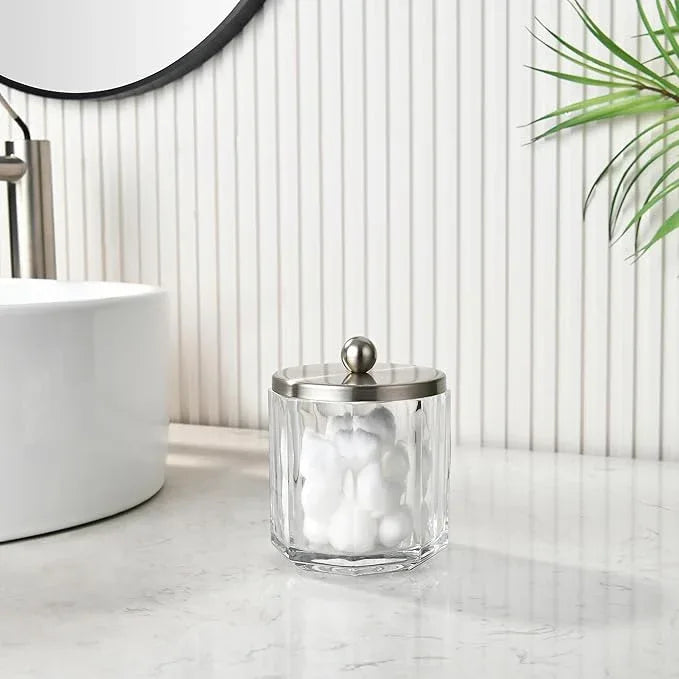 Indecor Home Clear Transparent Apothecary Octagional Shaped Glass Canister Jar With Satin Nickel Metal Lid Cover for Bathroom Organization, Cotton Balls, Q Tips, and Small Accessories, Bath Storage - ModernBath