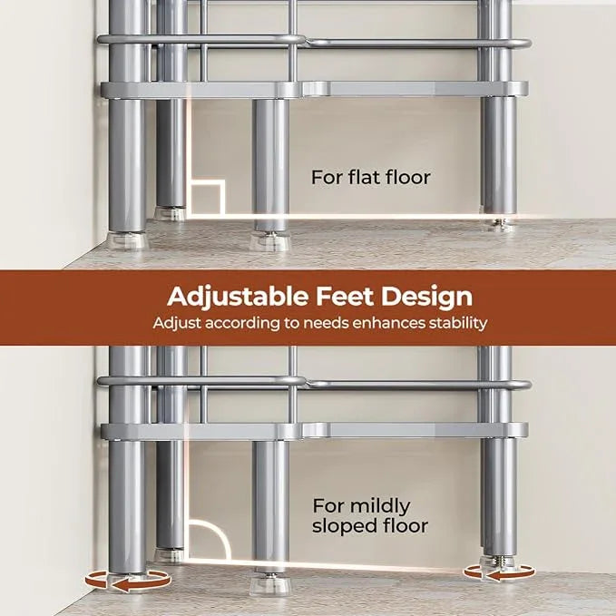 Orimade Rustproof 4 Tier Floor Standing Corner Shower Caddy Organizer with Toothbrush Holder, Large Spacing Floor Shower Shelf Rack Storage Stands with Hooks for Bathroom Kitchen, Silver - ModernBath
