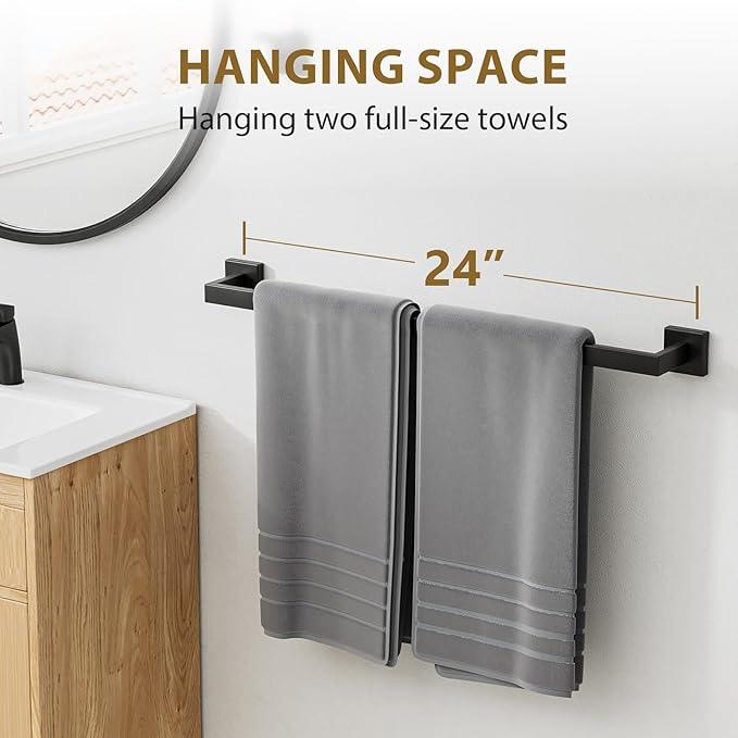 Matte Black Towel Bar 24 Inch, Square Base Thicken Towel Rack for Bathroom Wall, SUS304 Stainless Steel Towel Rod, Modern Home Decor (Total Length 26-Inch) - ModernBath