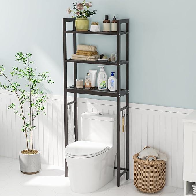 Giantex Over The Toilet Storage Rack, 3-Tier Metal Bathroom Organizer with 3 Hooks, Adjustable Bottom Bar, Anti-Tippling Devices, Freestanding Toilet Space-Saver for Bathroom, Laundry (Coffee) - ModernBath