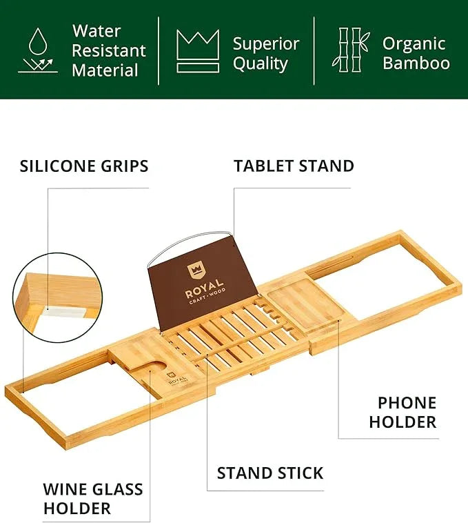 ROYAL CRAFT WOOD Premium Foldable Bathtub Tray Caddy - Wood Bath Tray for Tub, Bamboo Shelf, Expandable Bath Table Trays, Bathtub & Bathroom Accessories for New Home & Mothers, Birthday Gifts for Mom - ModernBath
