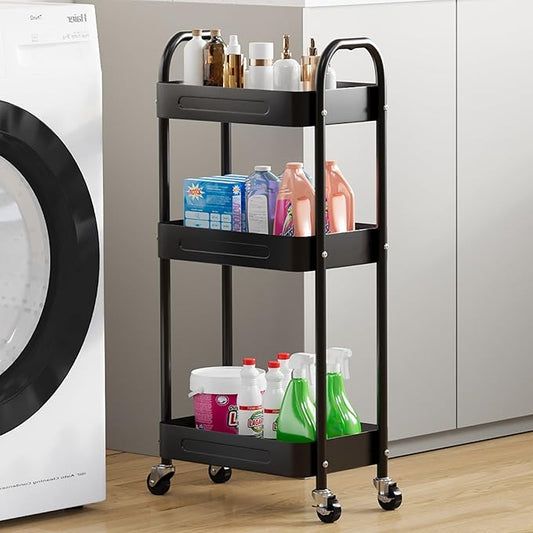 3 Tier Slim Metal Rolling Storage Cart for Laundry Room & Kitchen Organizer, 7.1'' Thin Standing Shelf for Narrow Spaces, Utility Cart with Wheels & Lockable Casters for Bathroom, Black