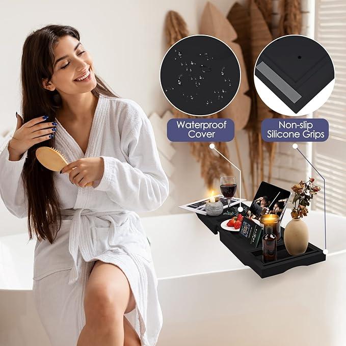 Foldable Bathtub Caddy Tray, Bamboo Bath Tub Tray Table for Tub with Wine Glass Holder Book Phone Tablet Holder with Extending Sides, Adjustable Bathroom Bathtub Free Soap Holder Gift Idea (Black) - ModernBath