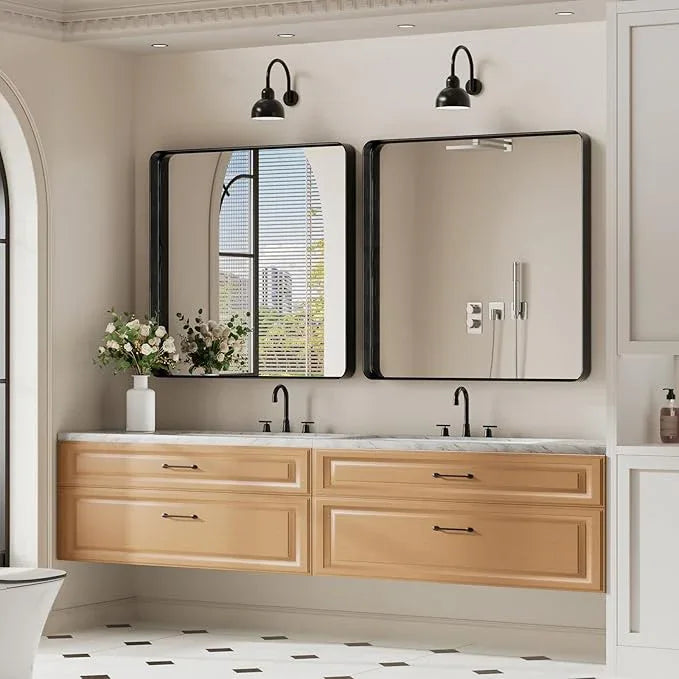 Koonmi Black Wall Mirror for Bathroom, 30x30 Inch Matte Deep Framed Rounded Rectangle Vanity Mirror for Farmhouse Living Room, Tempered Glass, Anti-Rust, Vertically or Horizontally - ModernBath