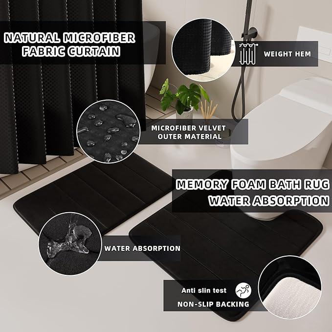 XLHOMO Bathroom Set - 25PC Black Bathroom Set with Shower Curtain and Rugs, Bathroom Accessories Set, Black Shower Curtain Set with Bathroom Trash Can - ModernBath