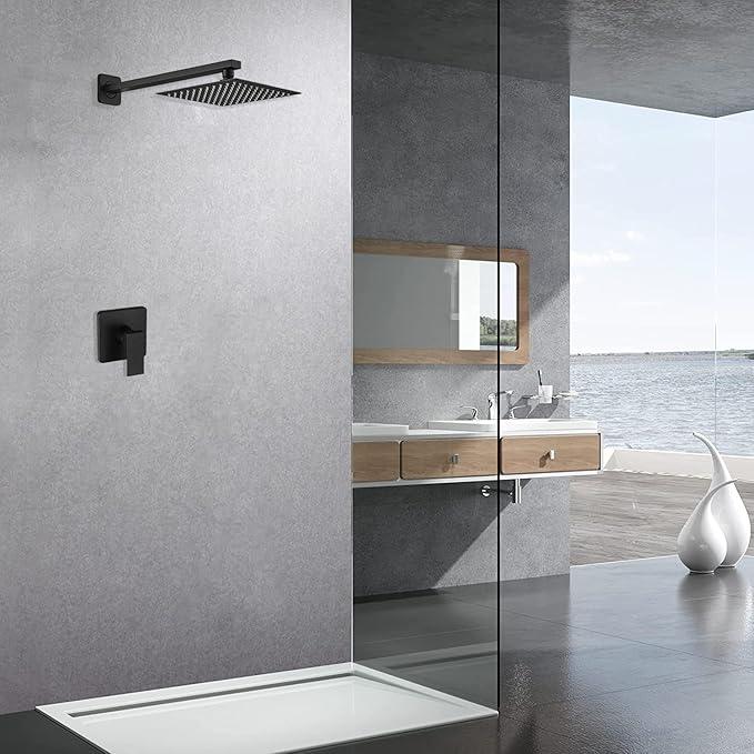 JingGang Matte Black Shower Faucet Set Bathroom Luxury Rainfall Shower System with Rain Shower Head Single Function Shower Trim Kit with Rough-in Valve - ModernBath