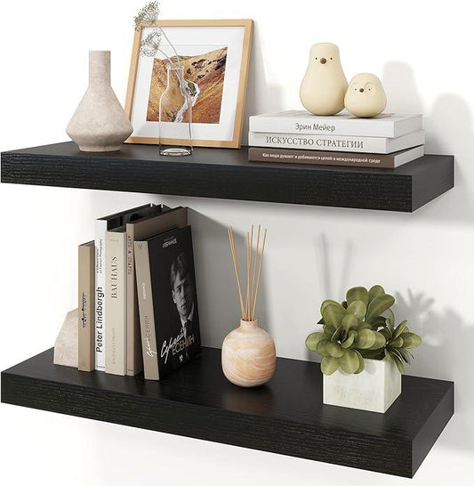 Floating Shelves for Wall, Wall Mounted Rustic Wood Shelves for Bathroom, Bedroom, Living Room, Kitchen, Hanging Shelf for Books/Storage/Room Decor (Black, 24") - ModernBath