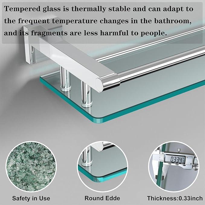 Glass Shelves for Bathroom, 20IN Rectangular Chrome Stainless Steel Tempered Glass Shelf Wall Mount Shelf Sink Over Toilet Modern Bathroom (Chrome Polished, 20‘’) - ModernBath