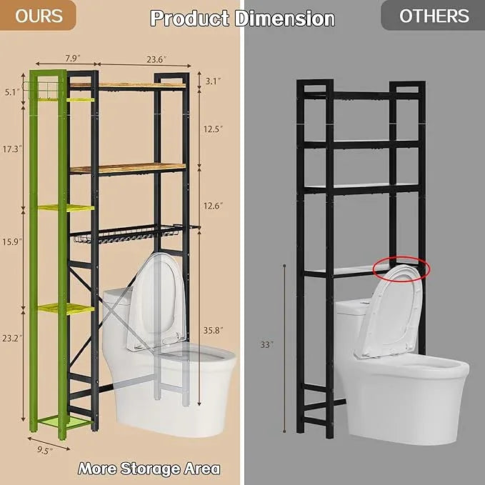 Over The Toilet Storage with Side Shelf, 7 Tier Bathroom Organizer Rack with Paper Holder, Hooks and Basket, Freestanding Above Toilet Shelf for Laundry, Quick Interlock Install (Vintage Brown) - ModernBath