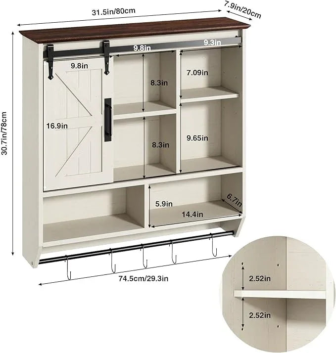 RUSTOWN Farmhouse Bathroom Wall Cabinet,3-Tier Rustic Wood Wall Mounted Cabinets,Vintage Medicine Cabinet with Sliding Barn Door and Adjustable Shelves,Over The Toilet Storage Cabinet (Vintage White) - ModernBath