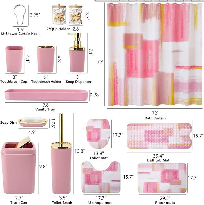 XLHOMO Bathroom Accessories Set - 26PCS Pink Bathroom Set, Bathroom Accessory Set with Shower Curtain and Rugs and Bathtub Mats for Home - ModernBath