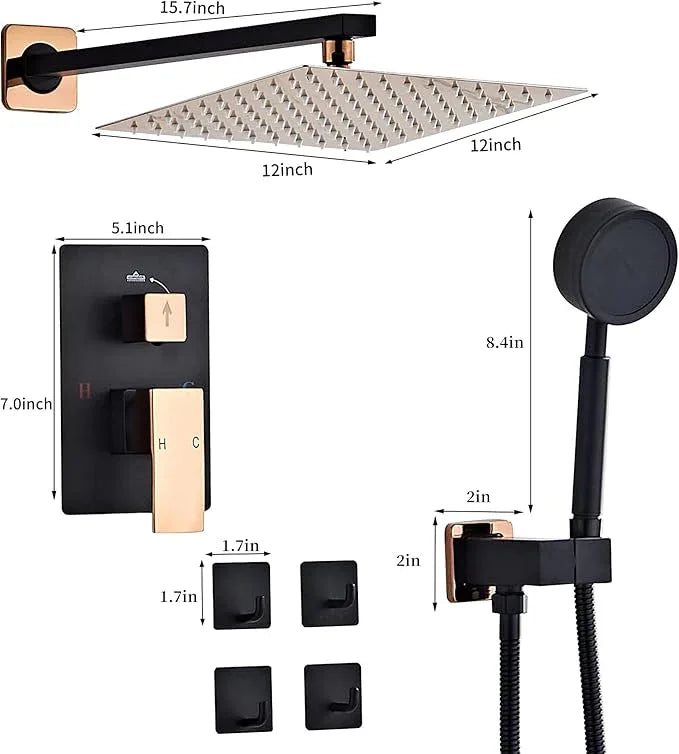 RTTWYYUU Black Gold Rainfall Shower Head, Wall Mounted 12 Inch Shower Heads with Handheld Spray Combo, Luxury Bathroom Square Rain Shower System, Solid Brass Pressure Balancd Shower Faucet Valve - ModernBath