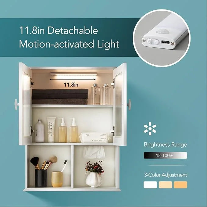 Bathroom Wall Cabinet with Lighting & Tissue Hole, Wall Mounted Glass Door Medicine Cabinet Over Toilet Storage for Laundry Room Kitchen - ModernBath