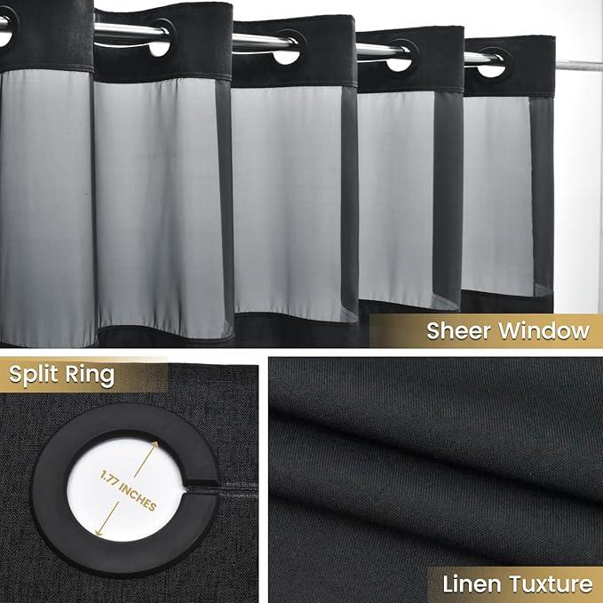 WONICY Small No Hook Shower Curtain with Snap in Liner, Polyester Textured Shower Curtain with Liner Set, Waterproof Washable Hotel Style Shower Curtains for Bathroom, 54Wx80H, Black - ModernBath
