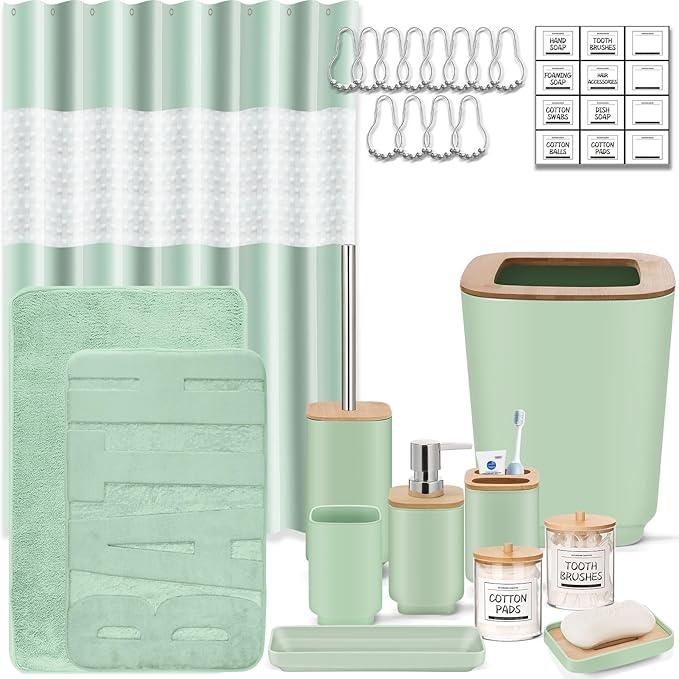 Bathroom Accessories Set,Green Bathroom Set,24 Pieces Bathroom Accessory Set with Shower Curtain,Trash Can for Bathroom Accessories Décor and Home Gifts - ModernBath