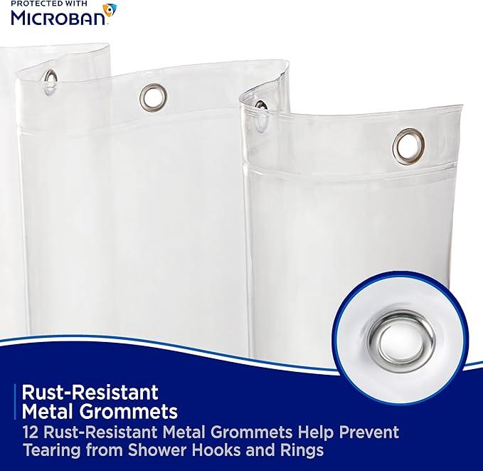 Kenney MB61168 Microban Protected Heavyweight 8 Gauge Waterproof PEVA Shower Curtain Liner with Rust-Resistant Metal Grommets and Weighted Magnetic Hem for Bathroom, 70" W x 72" H, Clear - ModernBath