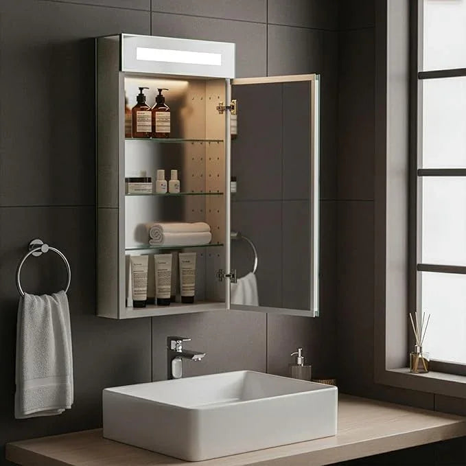 Fine Fixtures Bathroom Medicine Cabinet, Aluminum, Recessed/Surface Mount, Mirrored Interior w/LED (20 x 40 Right) - ModernBath