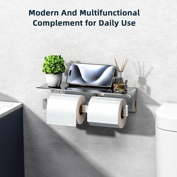 Angle Simple Double Toilet Paper Holder with Shelf Polished Chrome, 304 Stainless Steel Toilet Tissue Roll Holder Wall Mount - ModernBath