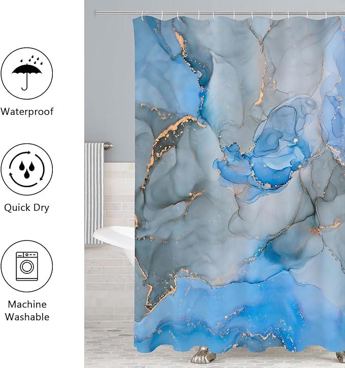 Gibelle 4 Pcs Bathroom Shower Curtain Set with Non-Slip Rugs, Toilet Lid Cover and Bath Mat, Blue Grey Marble Bathroom Decor Set with Shower Curtain and Rugs and Accessories - ModernBath