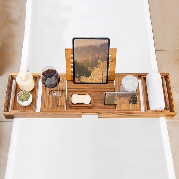 XcE Teak Bathtub Caddy Tray - Expandable to 41 Inches with Book Stand, Soap Holder & Anti-Slip Pads for Luxury Bath Spa, Teak - ModernBath